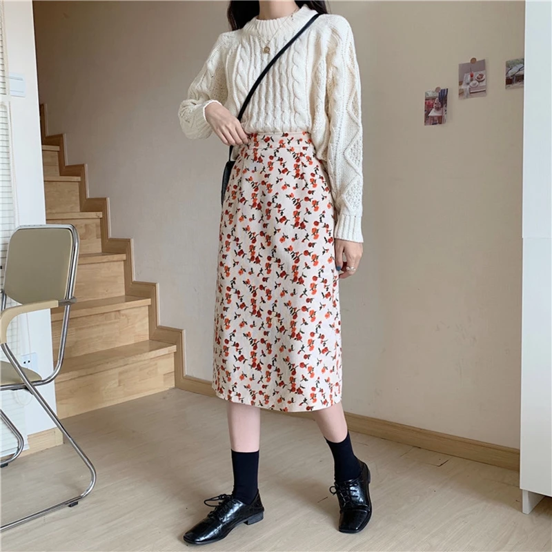 

Corduroy A-Line Long Skirt 2021 New Autumn And Winter Vintage Print High-Waist Mid-Calf Skirts Women